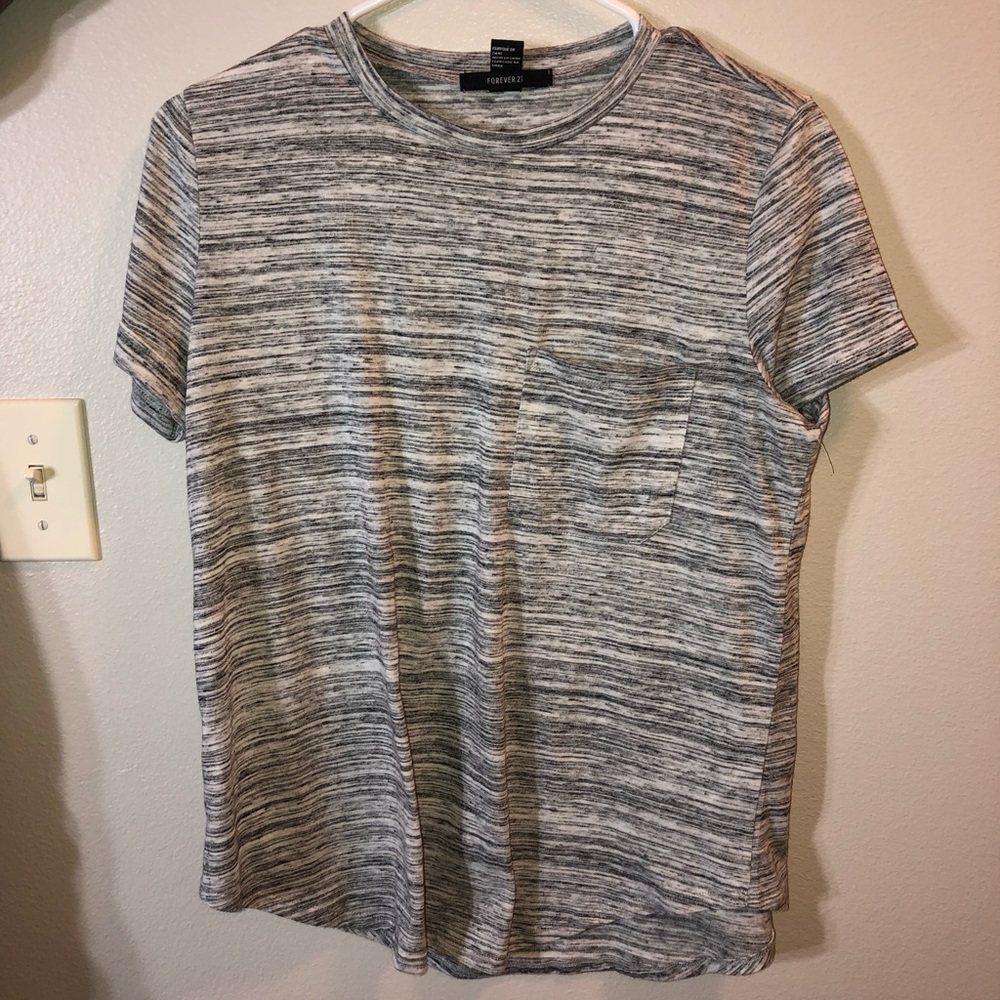 Grey and white striped tee with a pocket